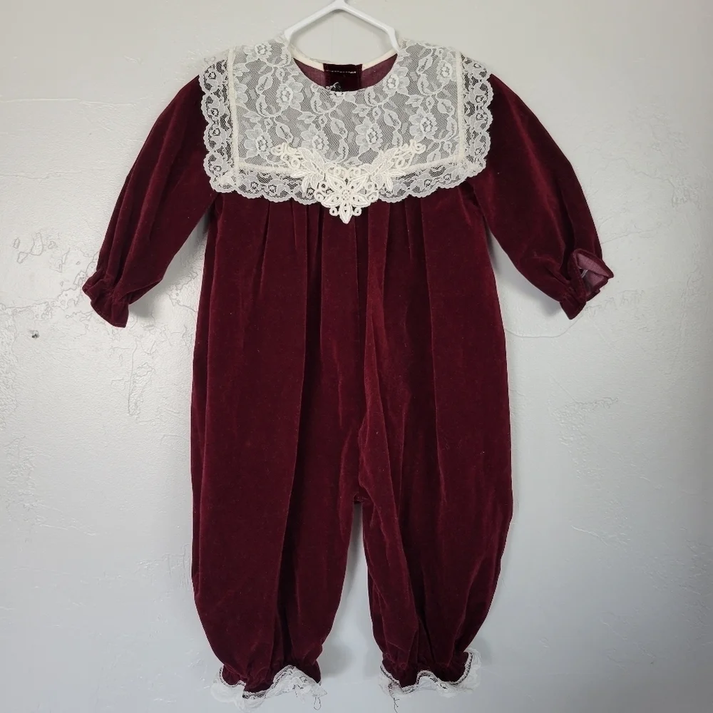 Jolene Vintage Burgundy Velvet One Piece Outfit Hat Set White Lace Baby Girl 12